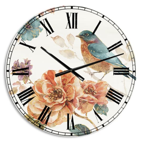 Designart 'Cottage Bird On Orange Flower Twig Farmhouse Wall Clock